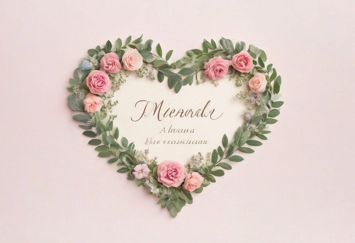 An elegant collage featuring heart-shaped symbols formed from various romantic languages (like French, Italian, Spanish) intertwined with delicate flowers. Soft pastel colors dominate the scene, conveying a sense of warmth and affection. Highlight etymological roots subtly in the background with vintage typography. The atmosphere should be dreamy and inviting. super-realistic. soft pastel colors. white background.