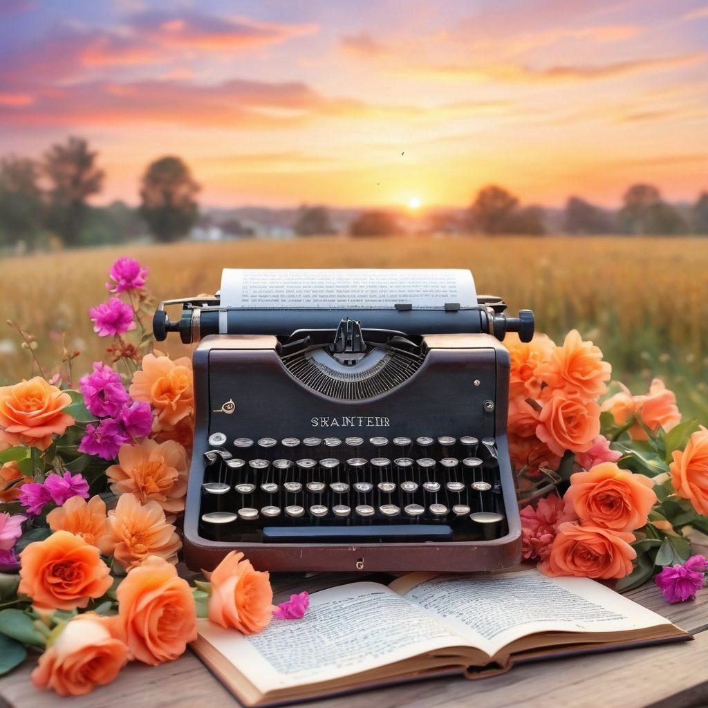 A whimsical romantic setting featuring an open book with vibrant pages filled with love phrases in different languages. Surrounding the book are playful heart-shaped notes and a vintage typewriter, with soft flower petals scattered around. A warm, glowing sunset casts a golden hue, symbolizing love and connection. The background has a dreamy skyline with soft clouds. watercolor style. vibrant colors.